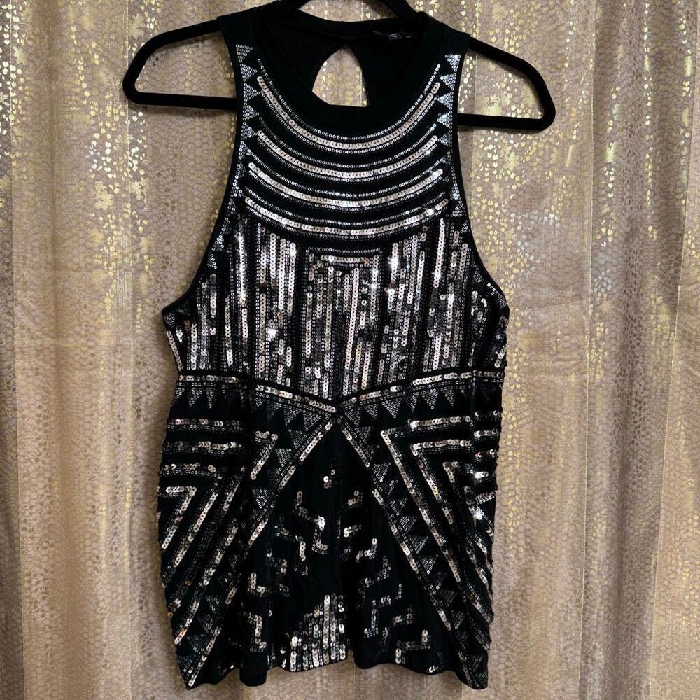 Express Black Silver Sequin Beaded High Neck Sleeveless Blouse Top Large